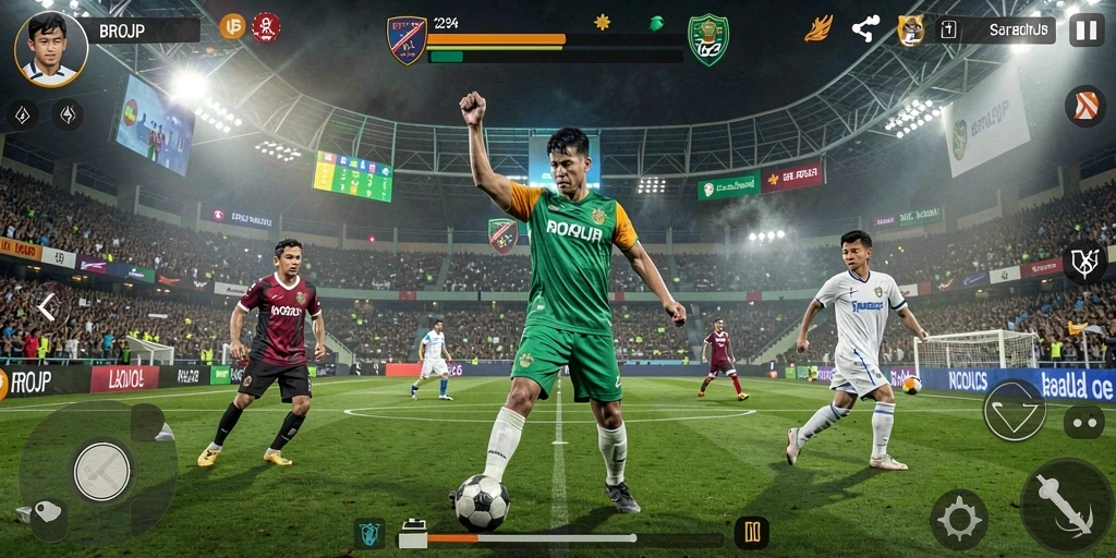 Tampilan gameplay mendebarkan di BROJP dengan aksi sepak bola yang intens.