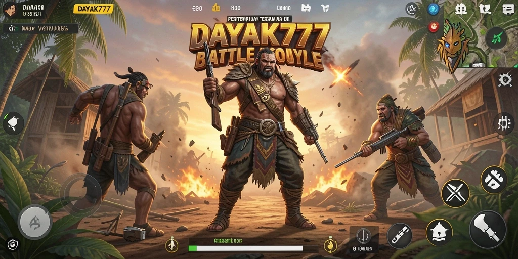 Tangkapan layar utama dari gameplay DAYAK777 menunjukkan pertempuran intens Battle Royale.