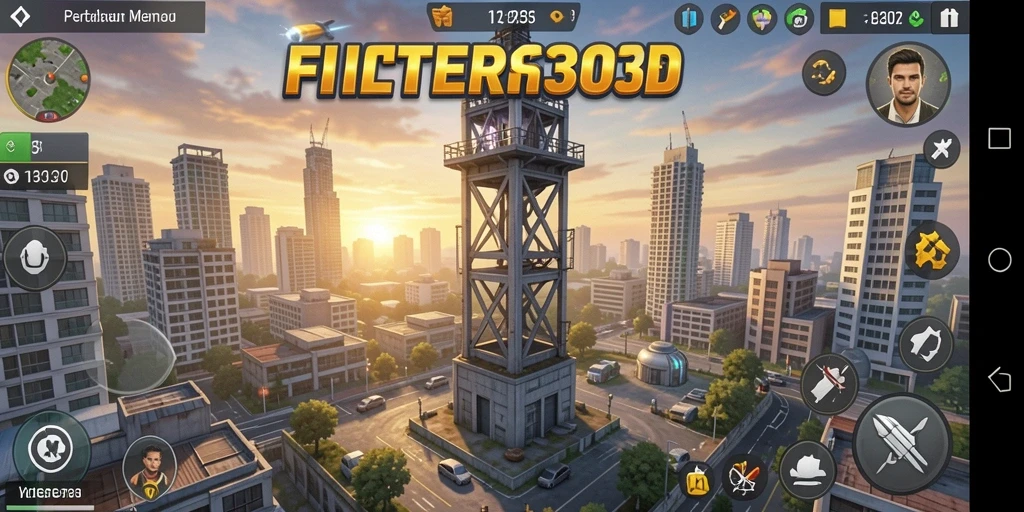 Screenshot gameplay FILTER303 menampilkan menara dan musuh yang penuh aksi.