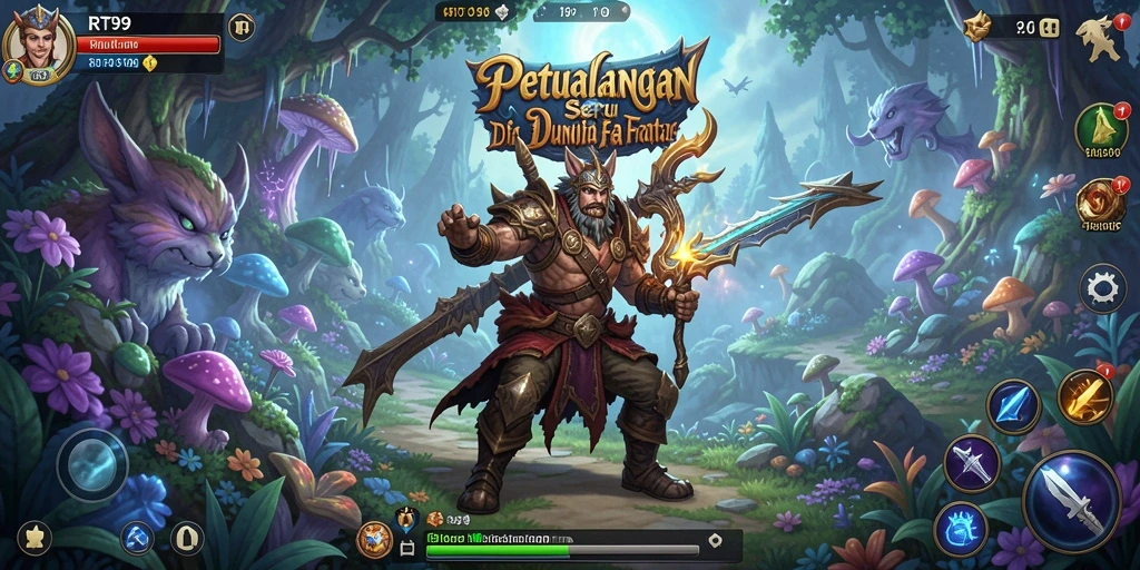 Screenshot gameplay RT99 dengan pemandangan fantasi yang menakjubkan.