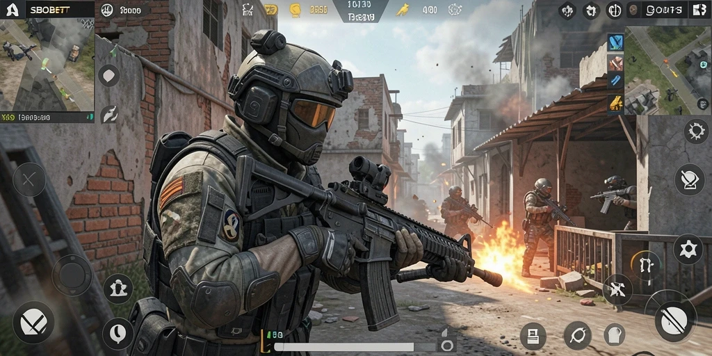 Tampilan gameplay utama SBOBET yang menunjukkan aksi tembak-menembak seru.